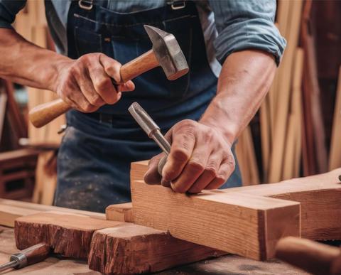 Carpenter using tools during an indoor installation.